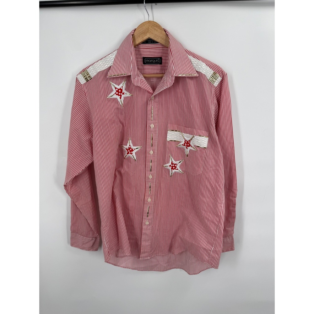 Marquis Striped Star Embellished Western Shirt Mens Size M Americana Beaded